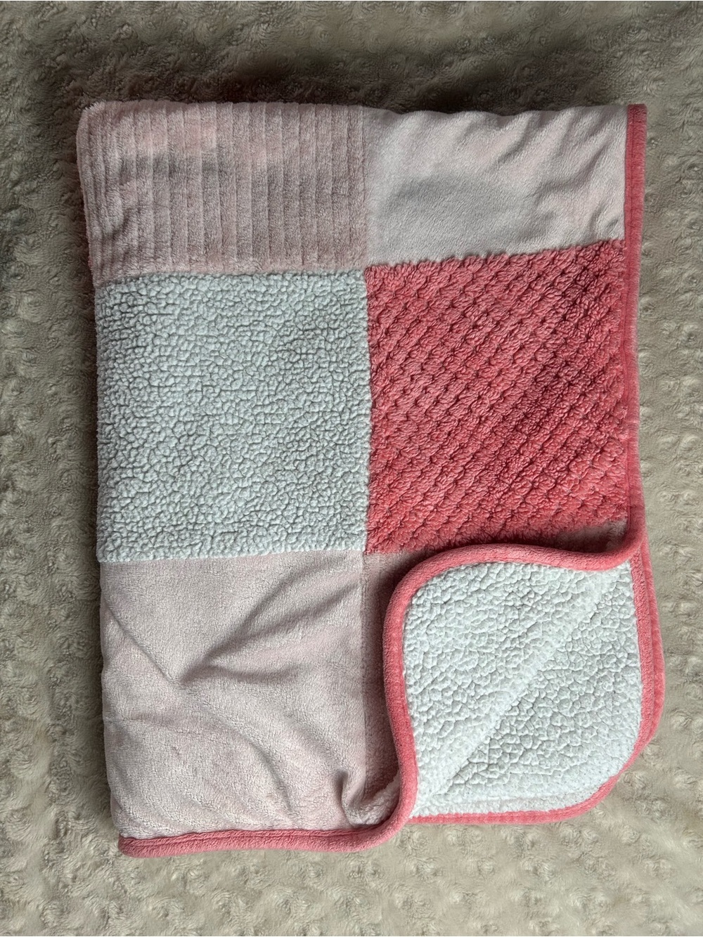 Parent's Choice Pink White Patchwork Squares Baby Blanket Sherpa Coral Peach
